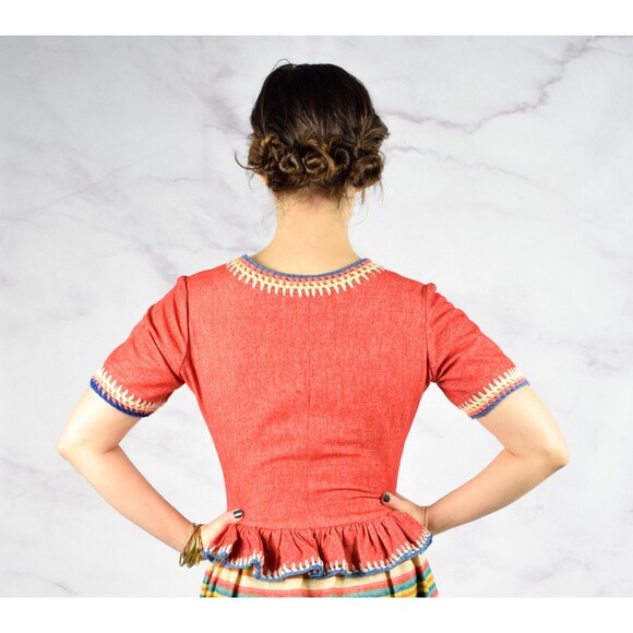 1940s Rainbow Dress Size Small 40s Striped Peplum Dress Crochet Details Wool - Picture 6 of 10